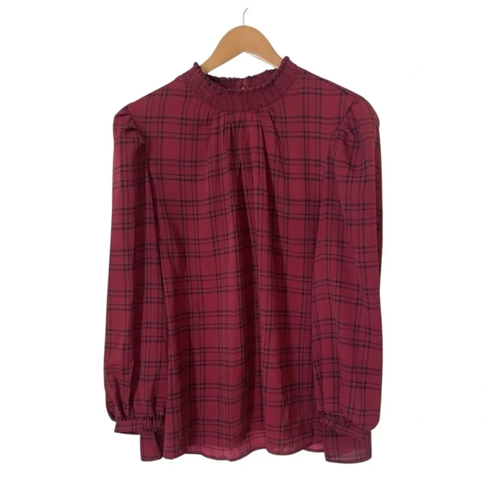 Melloday Red Black Plaid Smocked Neck Puff Sleeve Blouse Top 2X